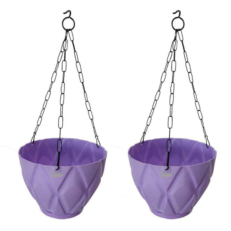 Garden Planters Wonderland | (Set Of 2) Hanging Solitaire Pot With Chain And Drain Base For Home Garden, Purple