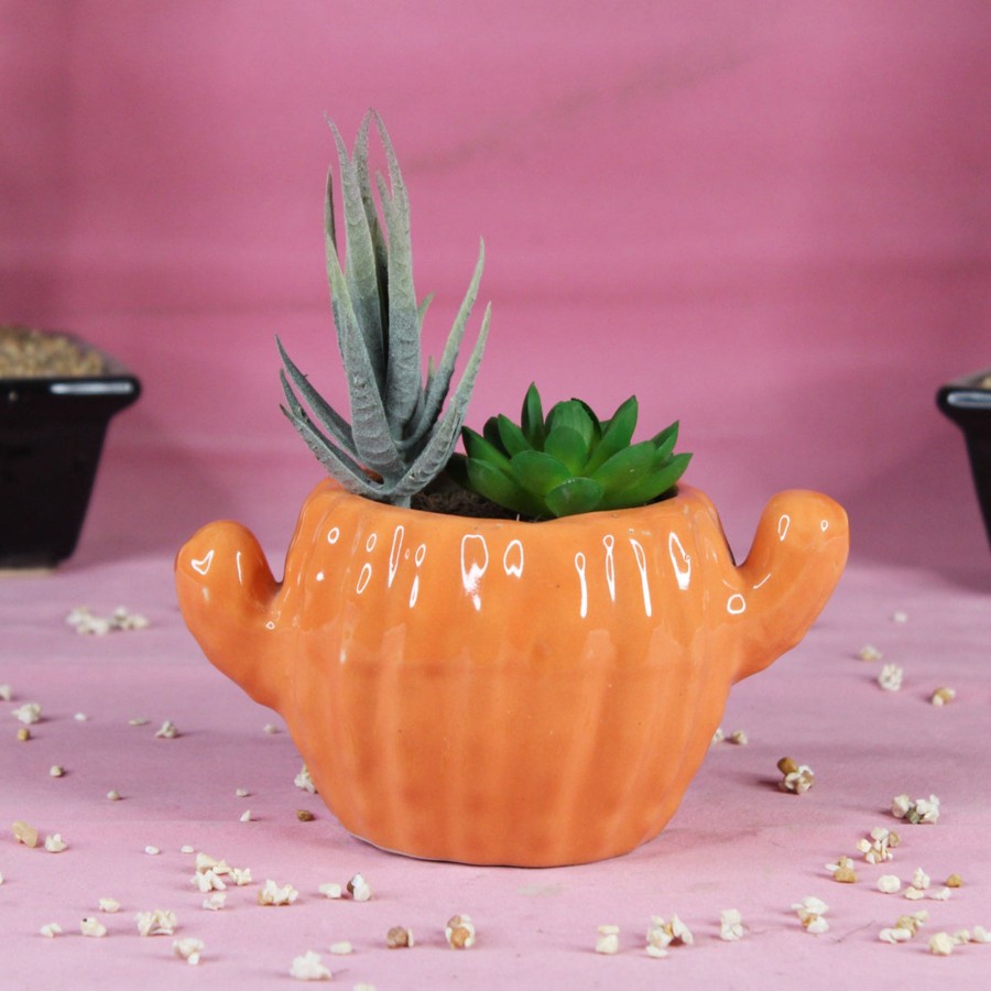 Garden Planters Wonderland | Cactus Shape Ceramic Pot For Home And Garden Decoration (Orange)