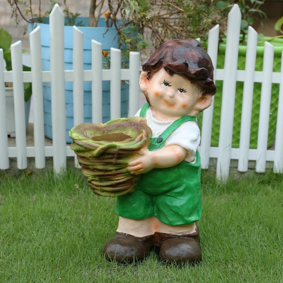 Garden Planters Wonderland | Wonderland Boy Holding Basket Planter (Green) | Garden Planters | Outdoor Decorative Garden Pots