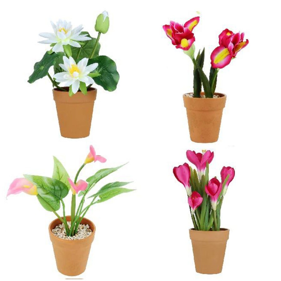 Artificial Turf Plants Wonderland | Set Of 4 Artificial Real Looking Flower Pots Lotus, Calla Lilly, Yellow Pink Flower & Tulips) Artificial Flower With Plastic Pot And Gravel