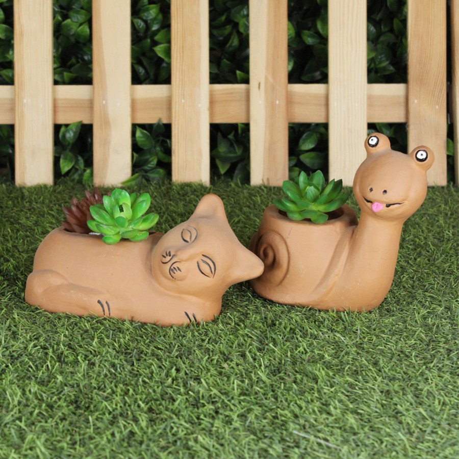 Garden Planters Wonderland | (Set Of 2) Terracotta Snail And Cat Pot