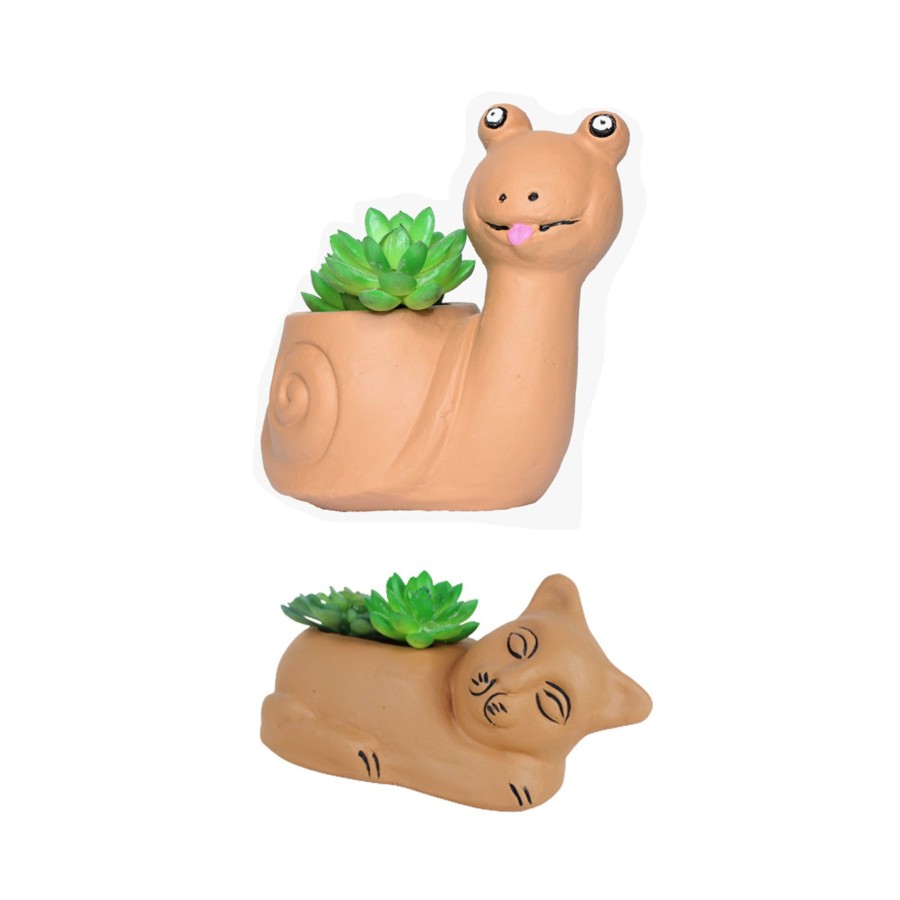 Garden Planters Wonderland | (Set Of 2) Terracotta Snail And Cat Pot