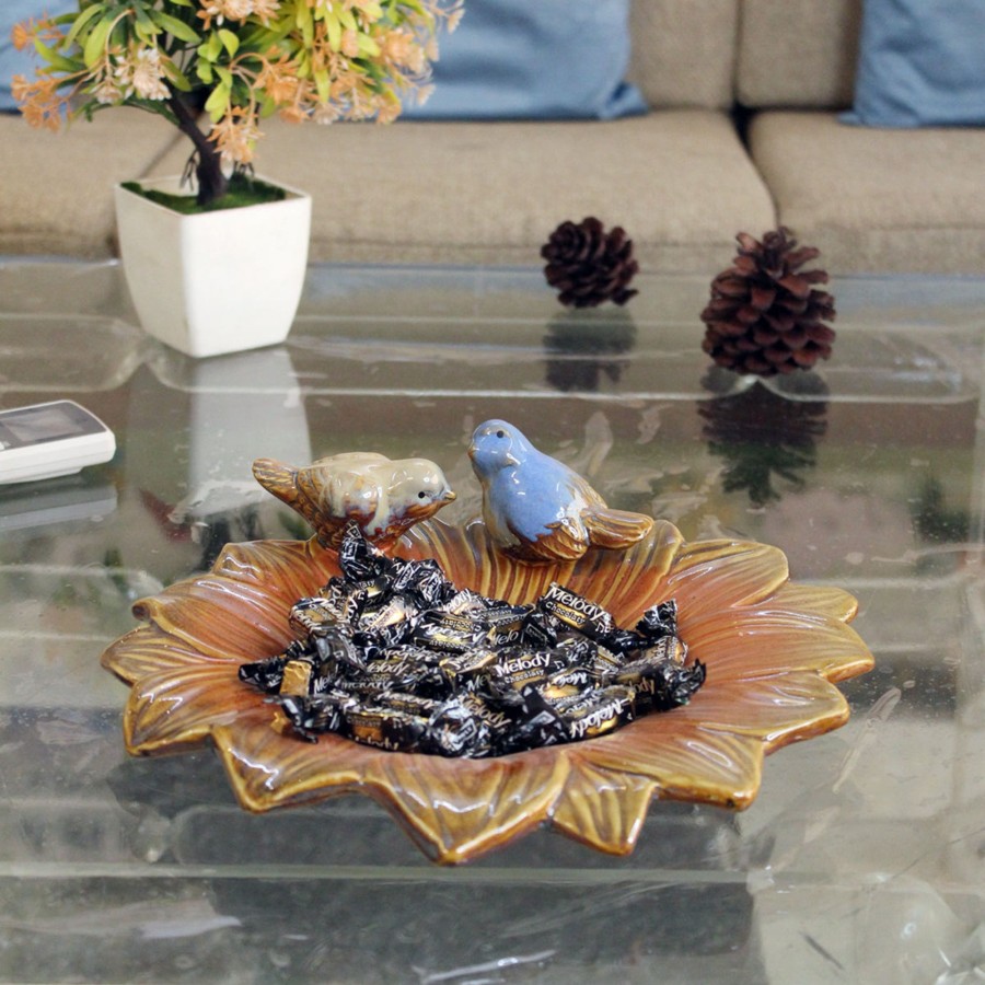 Home Decor Wonderland Animal And Bird Figurine | Ceramic Sunflower Tray, Platter With Two Birds, Keeping Trinkets, Jewellery, Home Decoration