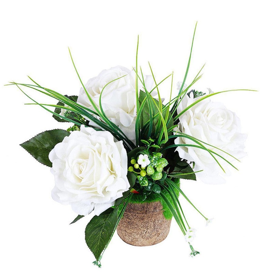 Artificial Turf Plants Wonderland | Artificial Flower Three Rose In White With Moss & Brown Pot