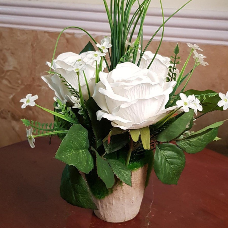 Artificial Turf Plants Wonderland | Artificial Flower Three Rose In White With Moss & Brown Pot