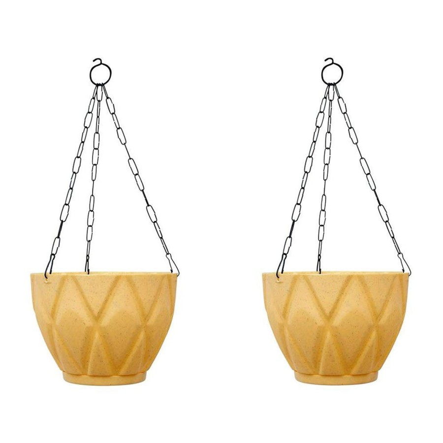 Garden Planters Wonderland | (Set Of 2) Hanging Solitaire Pot With Chain And Drain Base For Home Garden, Beige