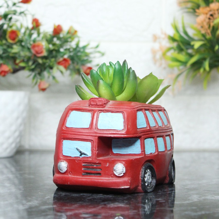 Garden Planters Wonderland | Bus Succulent Pot For Home And Balcony Decoration (Red)