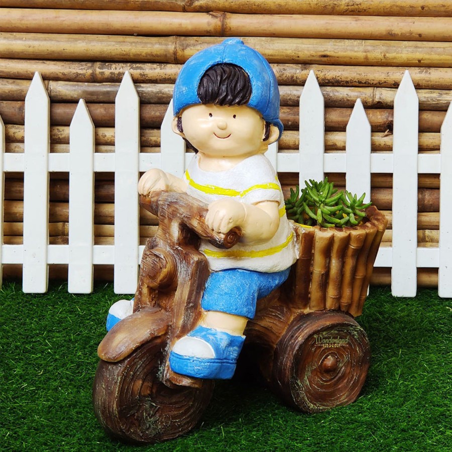 Garden Planters Wonderland | Boy On Cycle Flower Pots For Balcony And Garden Decoration (Blue)