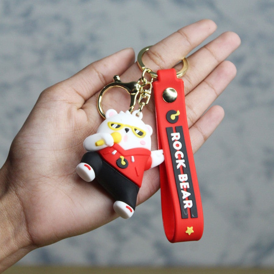 Gifts Wonderland | Wonderland Rock Bear Keychain In Red 2-In-1 Cartoon Style Keychain And Bag Charms Fun And Functional Accessories For Bags And Keys