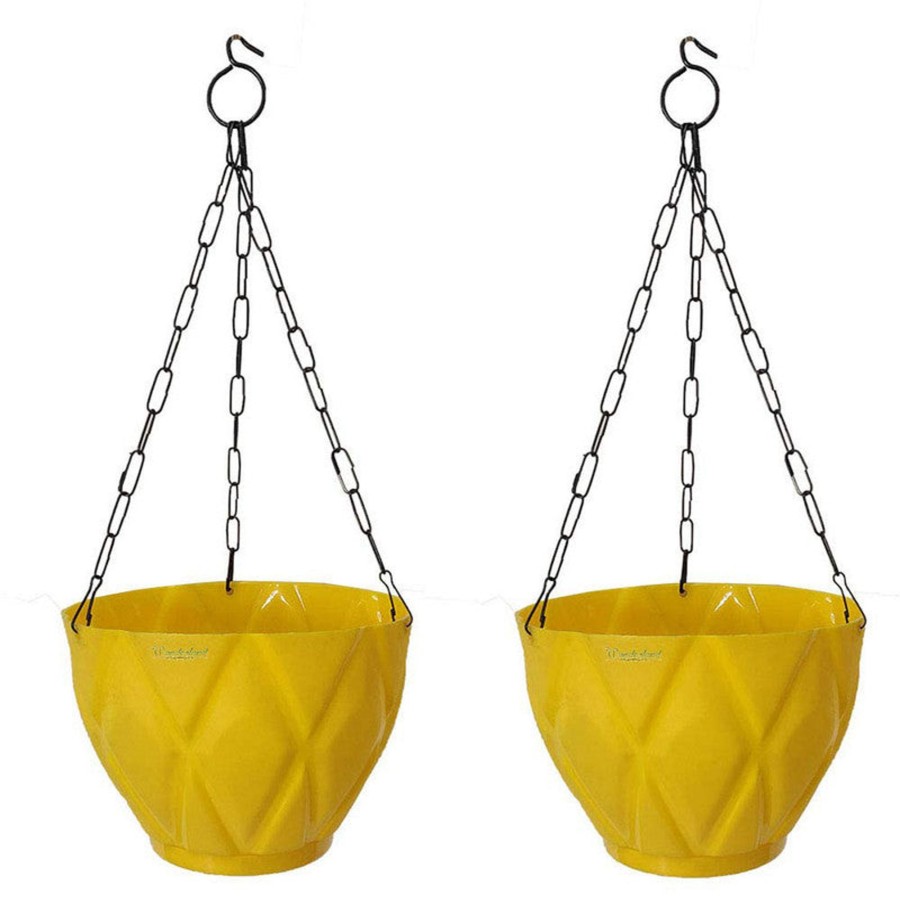 Garden Planters Wonderland | (Set Of 2) Hanging Solitaire Pot With Chain And Drain Base For Home Garden, Yellow