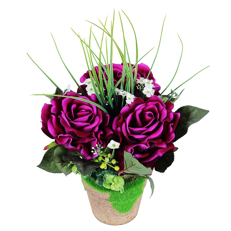 Artificial Turf Plants Wonderland | Wonderland Artificial Flower Three Rose In Purple With Moss And Attached Pot