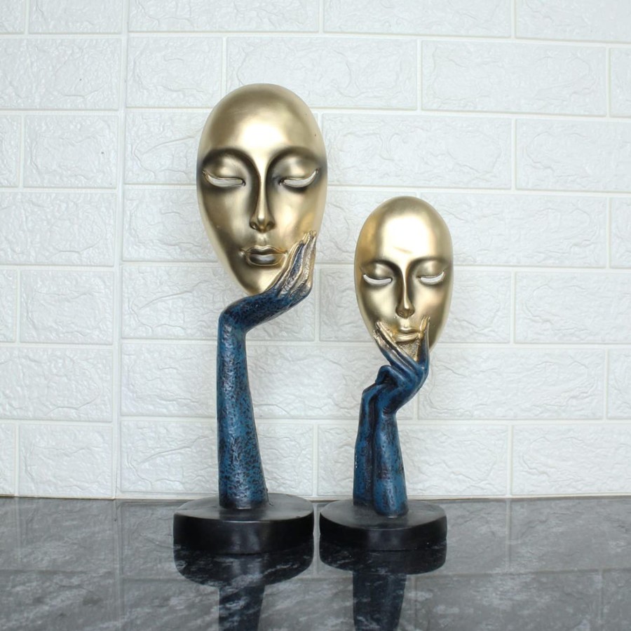 Home Decor Wonderland Table Top Decor | (Set Of 2) Golden Mask Faces For Home Decoration