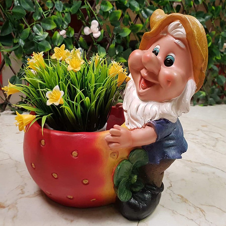 Garden Planters Wonderland | Dwarf/Gnome With Strawberry Pot Planter For Garden Decoration (Yellow Cap)