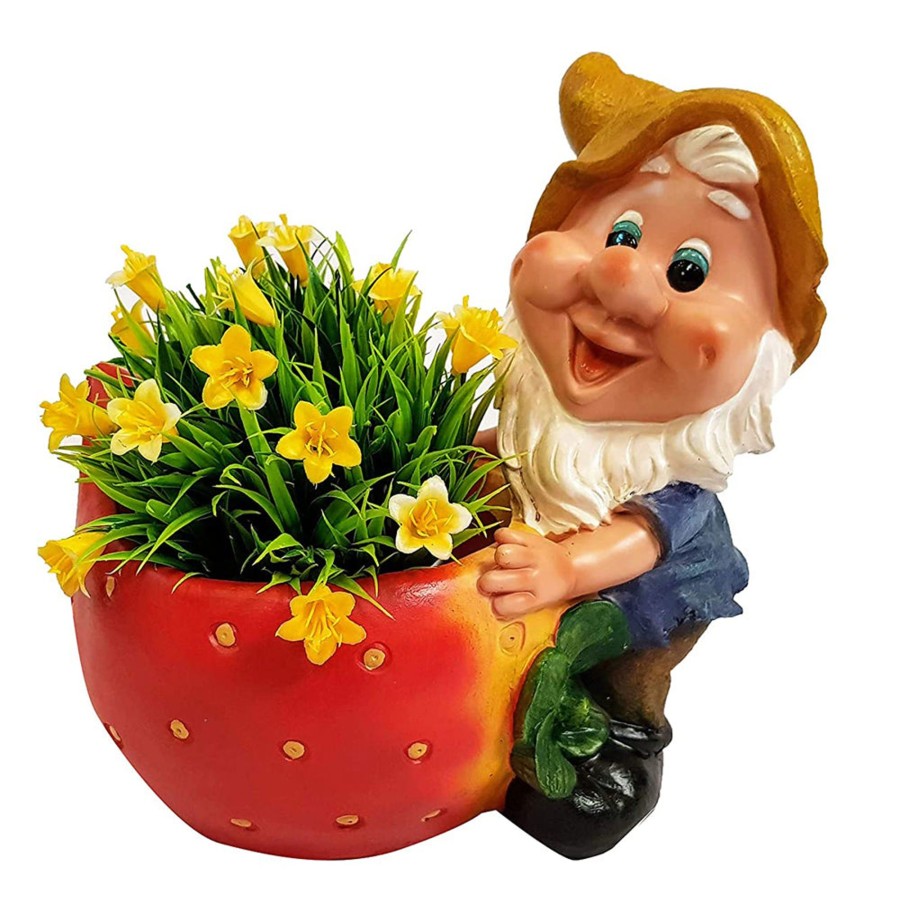 Garden Planters Wonderland | Dwarf/Gnome With Strawberry Pot Planter For Garden Decoration (Yellow Cap)