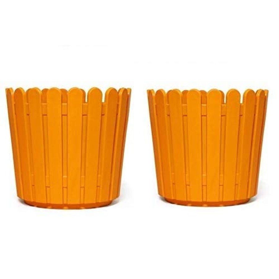 Garden Planters Wonderland | 8 Inches Plastic Round Fence Garden Pots For Outdoor (Set Of 2) (Orange)