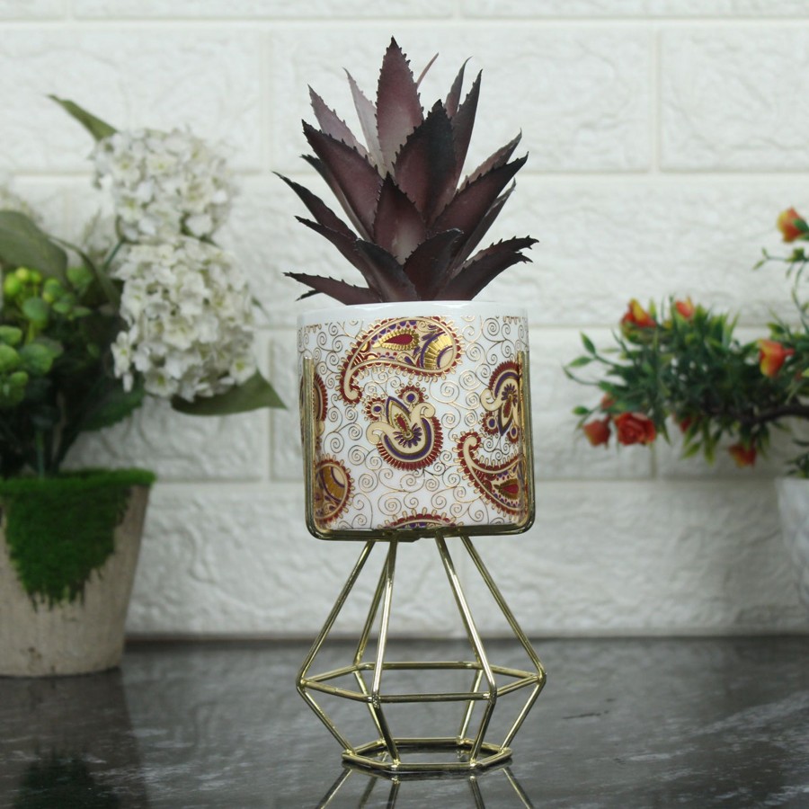 Garden Planters Wonderland | White And Ceramic Pot With Artificial Succulent And Stand