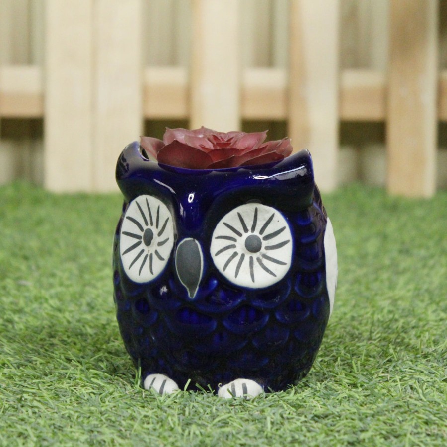 Garden Planters Wonderland | Ceramic New Owl Pot For Home Decoration (Dark Blue)