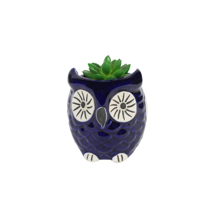 Garden Planters Wonderland | Ceramic New Owl Pot For Home Decoration (Dark Blue)