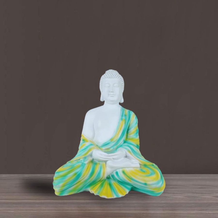 Garden Decor Wonderland Garden Statues | 14 Inches Buddha Statue For Home Decoration (Green & Yellow)