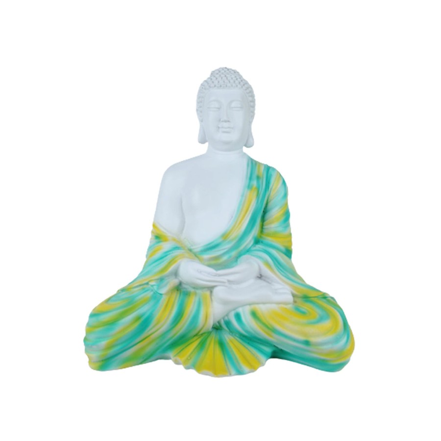 Garden Decor Wonderland Garden Statues | 14 Inches Buddha Statue For Home Decoration (Green & Yellow)