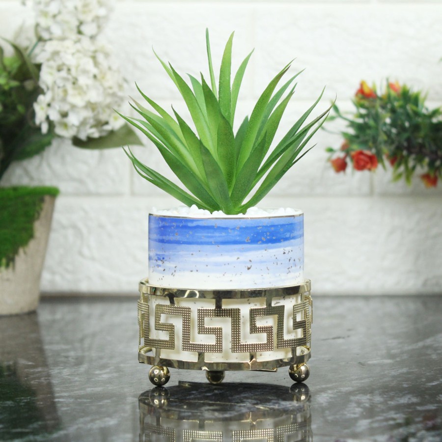 Artificial Turf Plants Wonderland | Blue And Gold Ceramic Pots With Artificial Plant (Table Top)