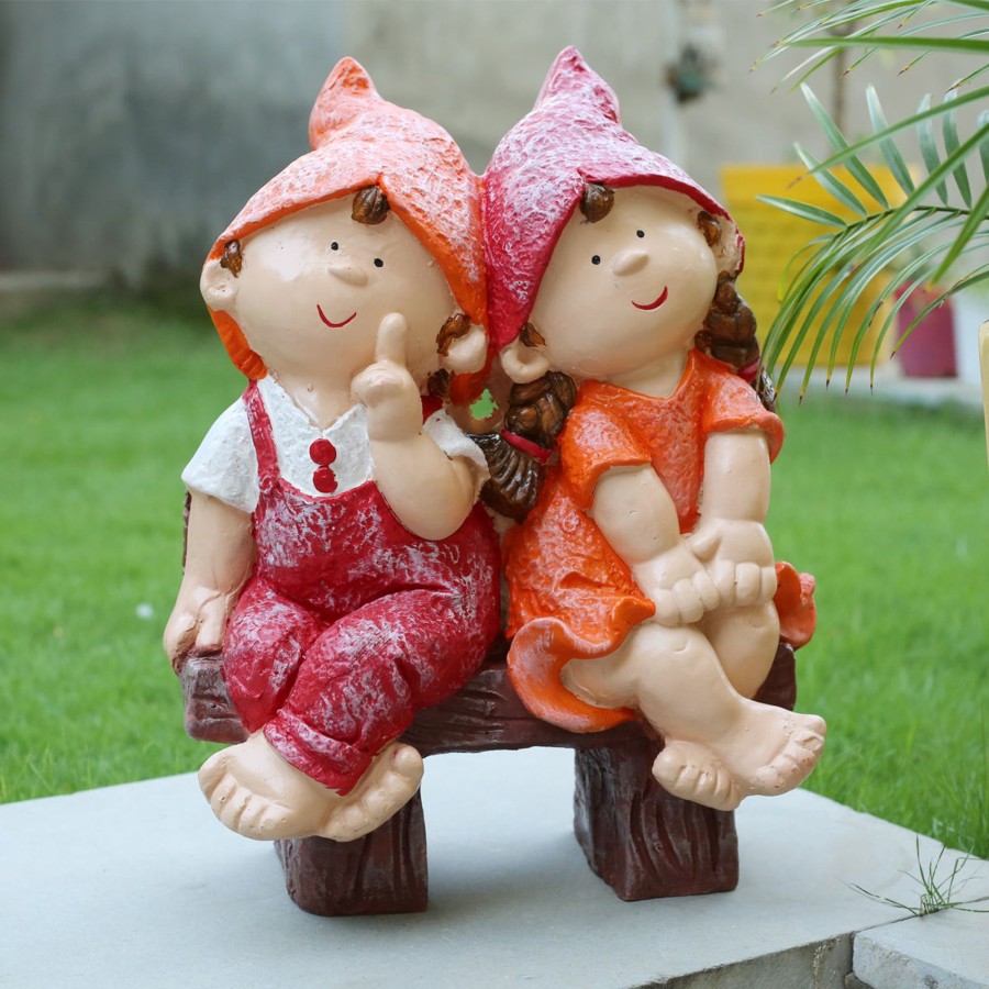 Garden Planters Wonderland | Wonderland Two Elves Sitting On Bench 2 (Red & Orange)|Charming Children'S Sculpture For Balcony And Home Decoration