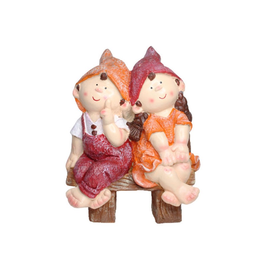 Garden Planters Wonderland | Wonderland Two Elves Sitting On Bench 2 (Red & Orange)|Charming Children'S Sculpture For Balcony And Home Decoration