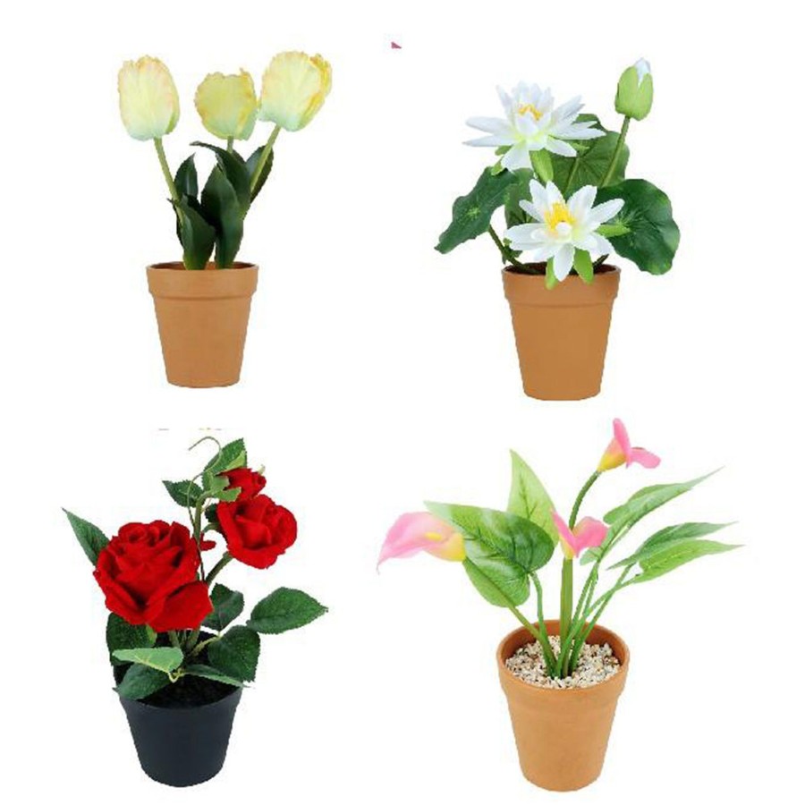 Artificial Turf Plants Wonderland | Set Of 4 Artificial Real Looking Flower Pots ( Rose, Lotus, Calla Lilly & Tulips) Artificial Flower With Plastic Pot And Gravel