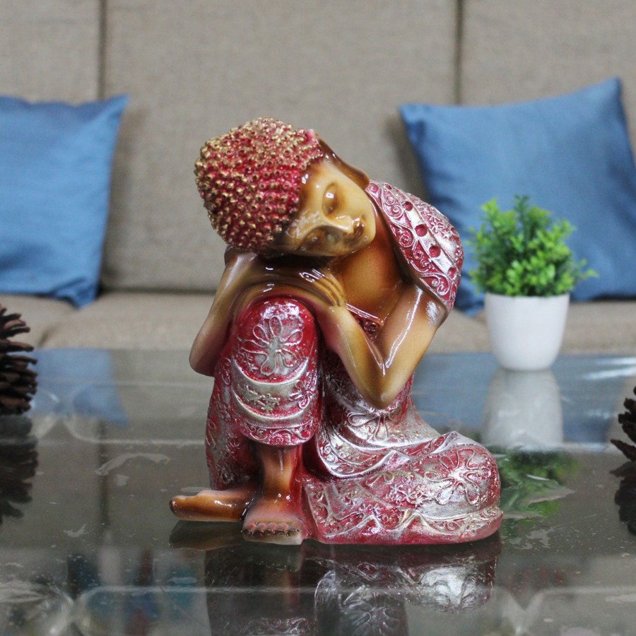 Garden Decor Wonderland Garden Statues | Elegant Thinking Budha Resting On Knee Budha With Red Head | Decor Showpiece Gift Items For Living Room, Study Table