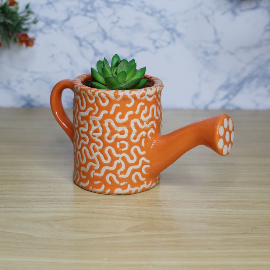 Garden Planters Wonderland | Ceramic Watercan Pot For Home And Garden Decoration (Orange)