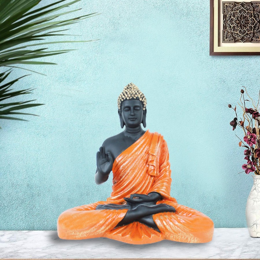 Garden Decor Wonderland Buddha And Monk Statue | 14 Inches Buddha Statue For Home Decoration (Orange & Black)