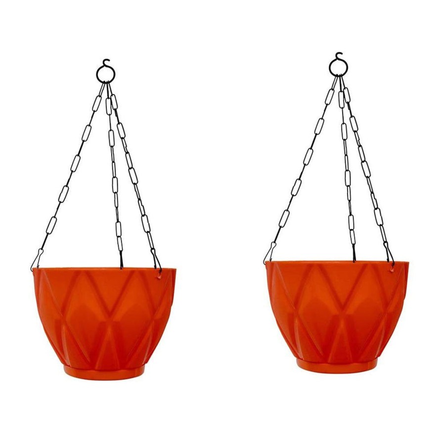 Garden Planters Wonderland | (Set Of 2) Hanging Solitaire Pot With Chain And Drain Base For Home Garden, Red