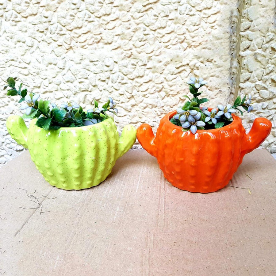 Garden Planters Wonderland | (Set Of 2) Cactus Shape Ceramic Pot For Home Decoration (Yellow & Orange)