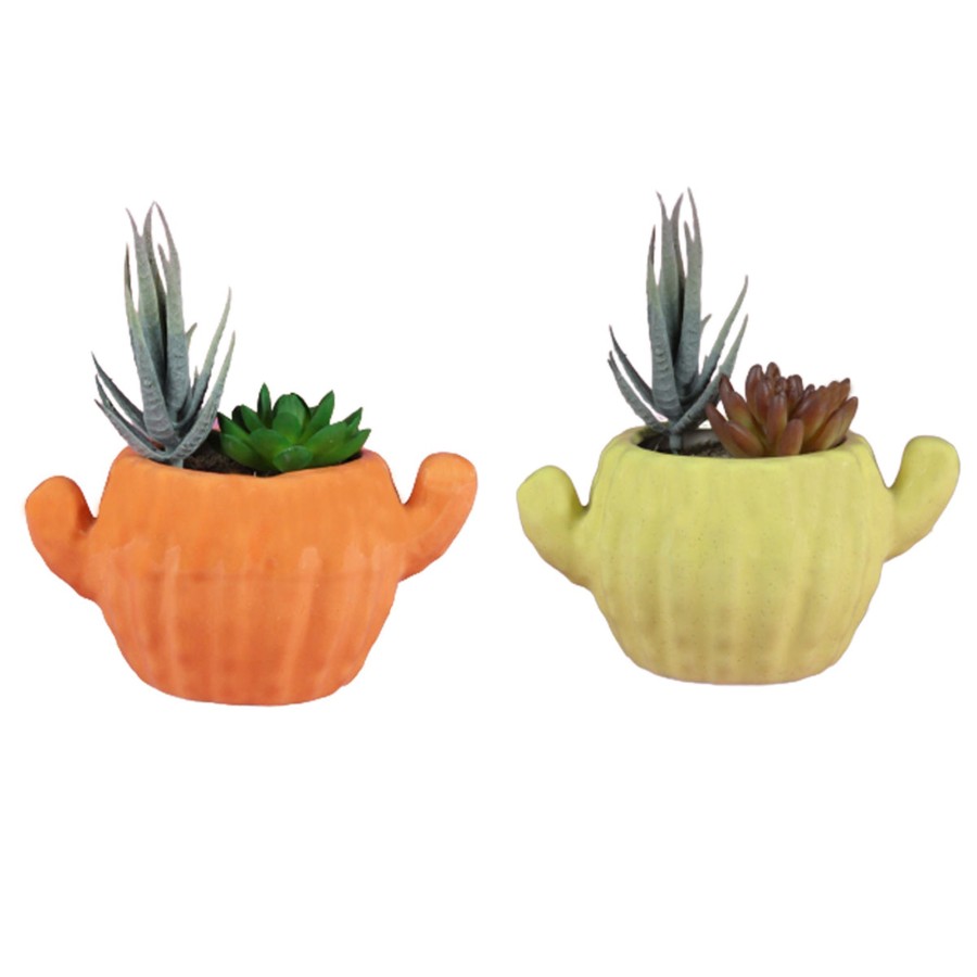 Garden Planters Wonderland | (Set Of 2) Cactus Shape Ceramic Pot For Home Decoration (Yellow & Orange)