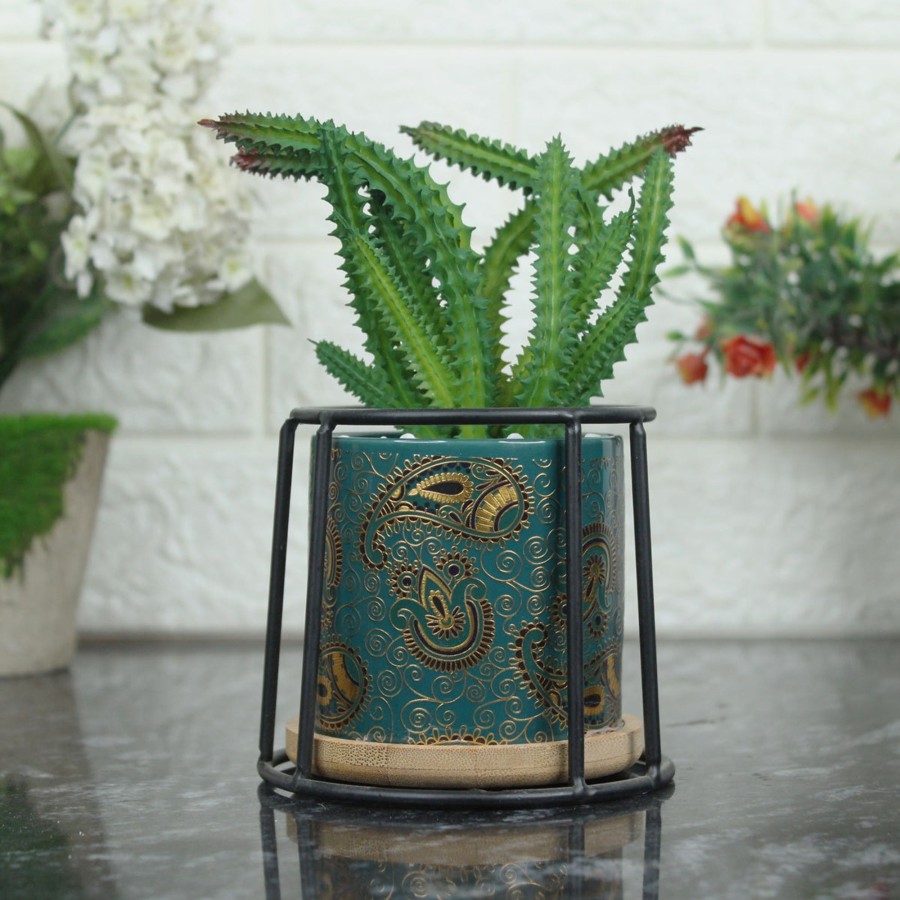 Garden Planters Wonderland | Small Marble Green Ceramic Pot With Succulent Flower