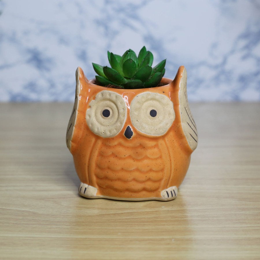 Garden Planters Wonderland | Medium Owl Ceramic Pot For Home Decoration (Orange)