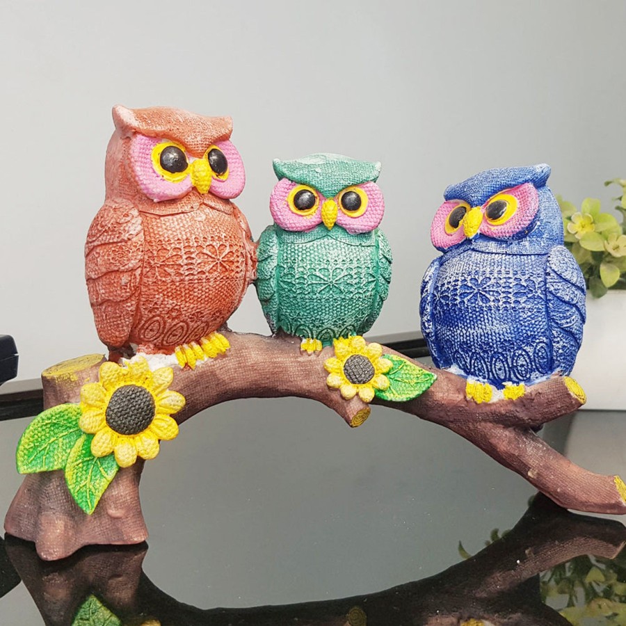 Home Decor Wonderland Table Top Decor | Three Owl On Branch Statue For Home Decoration