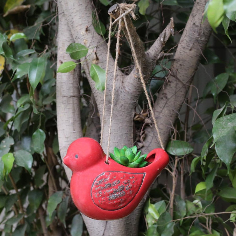 Garden Planters Wonderland | Ceramic Hanging Bird Pot For Home And Garden Decoration (Red)