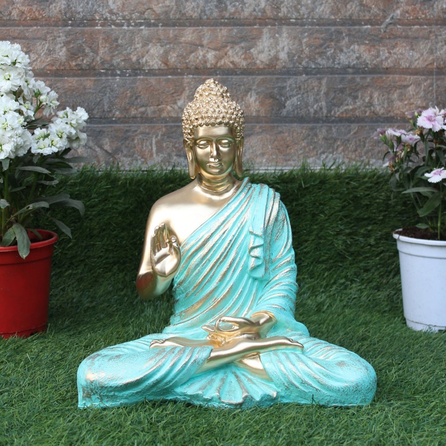 Garden Decor Wonderland Garden Statues | Wonderland Resin 14 '' Buddha (Golden Body & Seagreen) (Aashirwad)