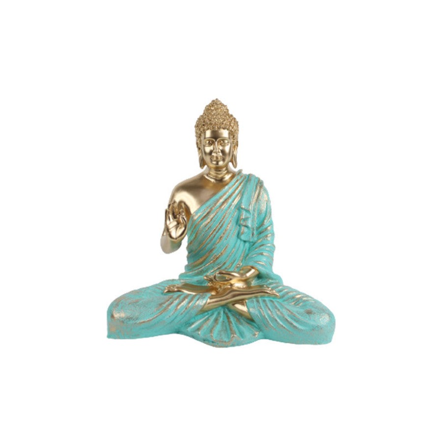 Garden Decor Wonderland Garden Statues | Wonderland Resin 14 '' Buddha (Golden Body & Seagreen) (Aashirwad)