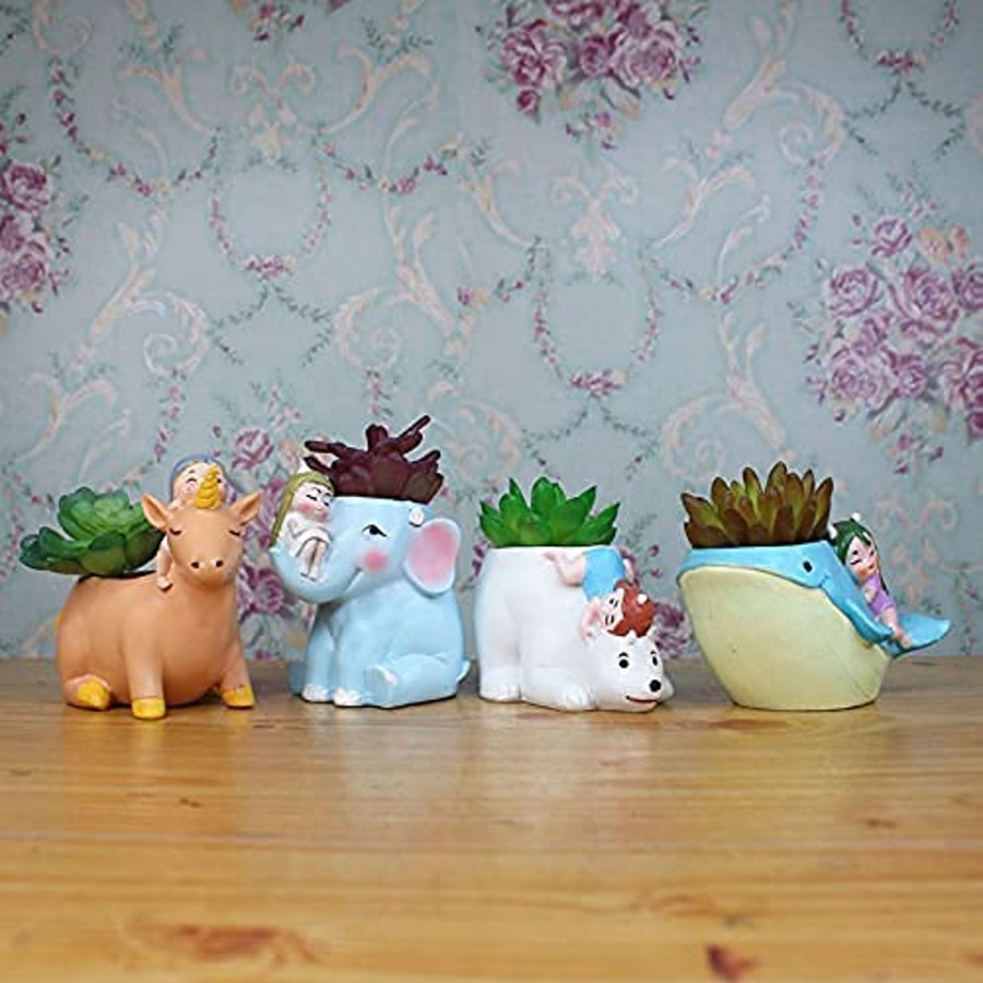 Garden Planters Wonderland | (Set Of 4) Polar Bear, Blue Elephant, Whale, Pink Unicorn Succulent Pot