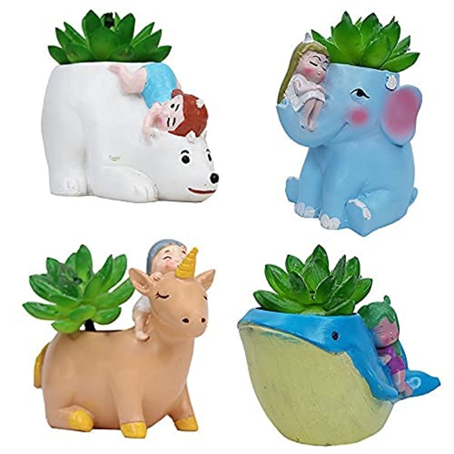 Garden Planters Wonderland | (Set Of 4) Polar Bear, Blue Elephant, Whale, Pink Unicorn Succulent Pot