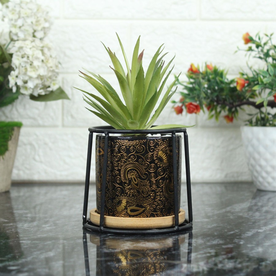 Artificial Turf Plants Wonderland | Small Marble Black Ceramic Pot With Succulent Flower