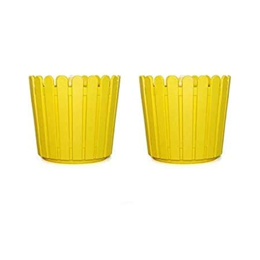 Garden Planters Wonderland | 8 Inches Plastic Round Fence Garden Pots For Outdoor (Set Of 2) (Yellow)