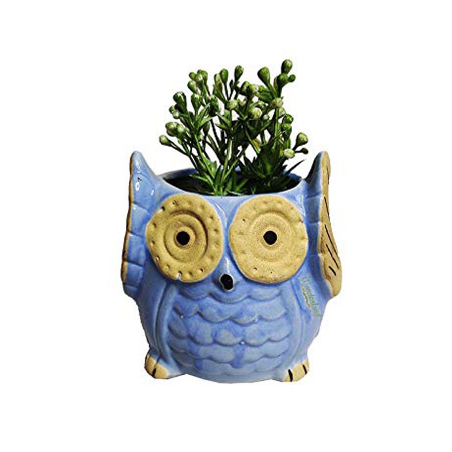 Garden Planters Wonderland | Ceramic Owl Pot For Home And Garden Decoration (Light Blue)