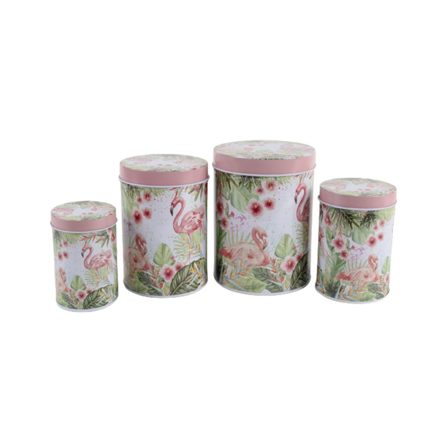 Home Decor Wonderland Container | (Set Of 4) Metal Pink Flamingo Storage Containers