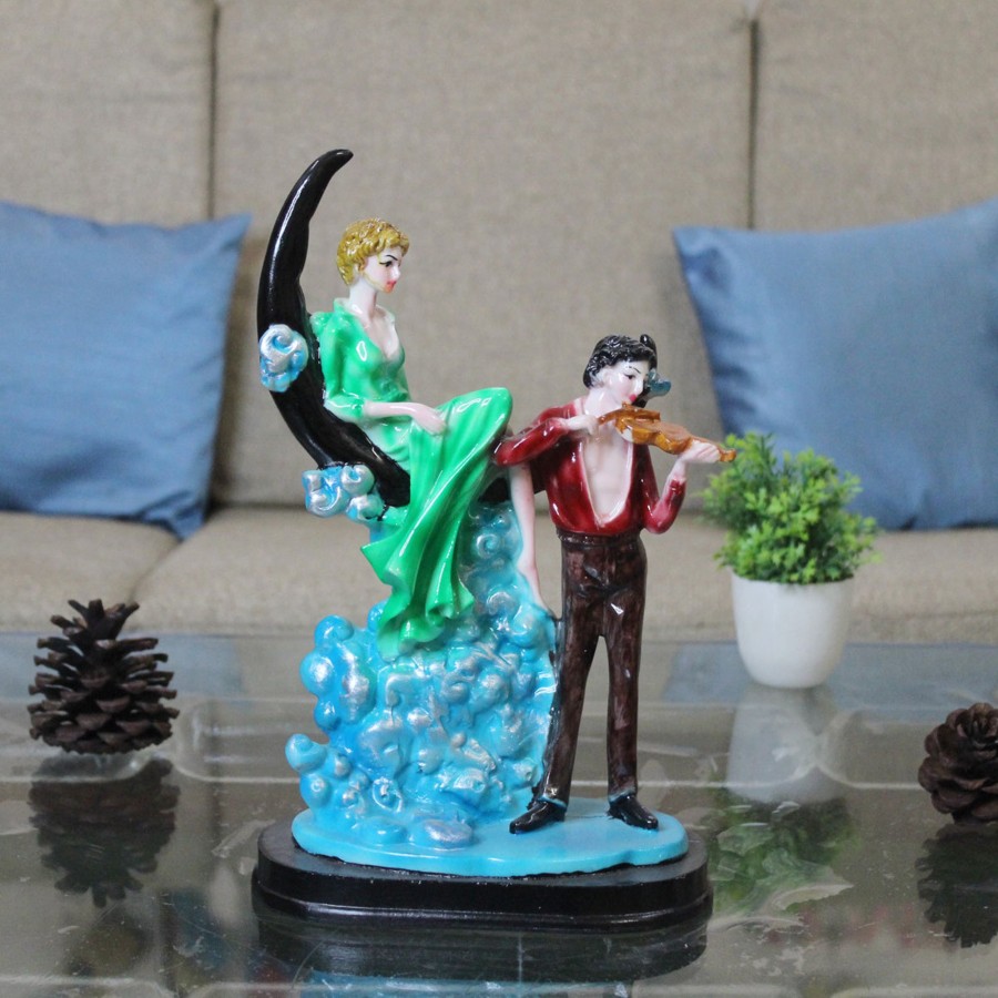 Home Decor Wonderland Human Figurine | Wonderland Resin Romantic Couple Sitting On Moon Statue Showpiece (Green & Marron )