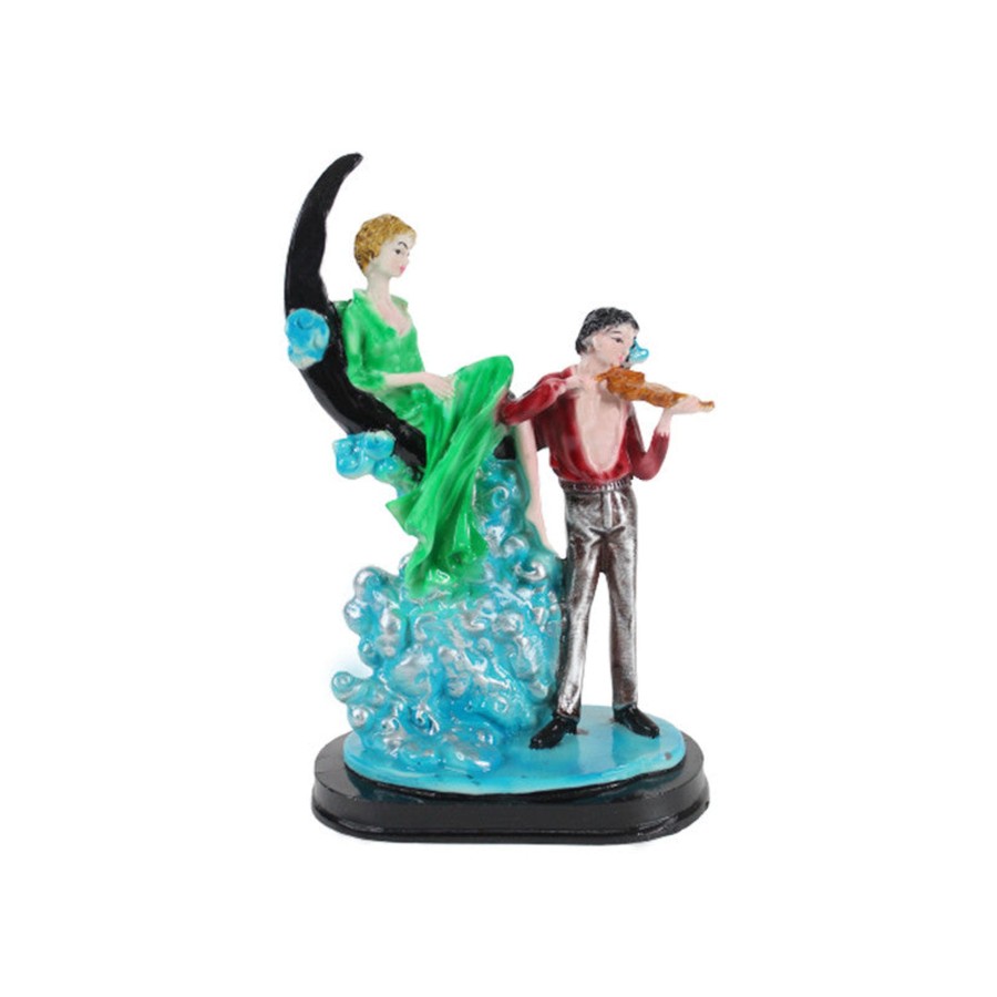 Home Decor Wonderland Human Figurine | Wonderland Resin Romantic Couple Sitting On Moon Statue Showpiece (Green & Marron )