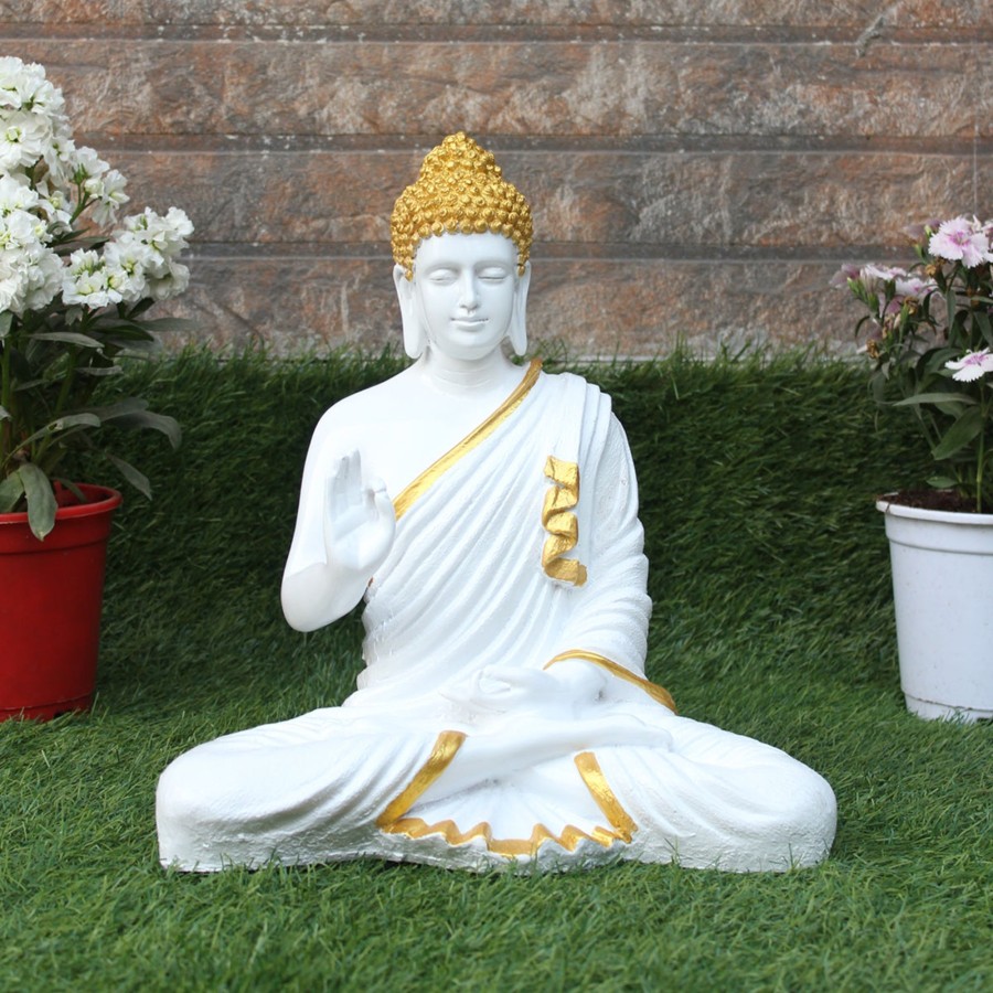 Garden Decor Wonderland Buddha And Monk Statue | Wonderland Resin 14 '' Buddha (Golden & White) (Aashirwad)