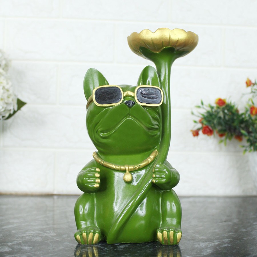 Home Decor Wonderland Table Top Decor | Green Dog With Flower Plate Statue